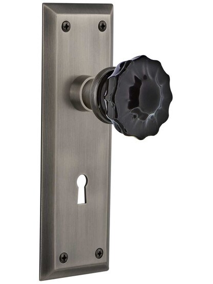 New York Door Set with Keyhole and Colored Fluted Crystal Glass Knobs Black in Antique Pewter.